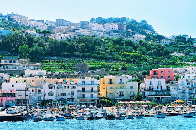 Nabrzeże portu Marina Grande na wyspie Capri z łodziami, Włochy