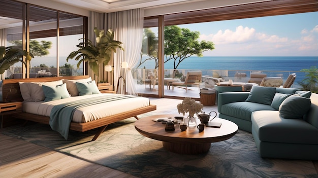 Nabrzeżny luksusowy pokój hotelowy z widokiem na ocean