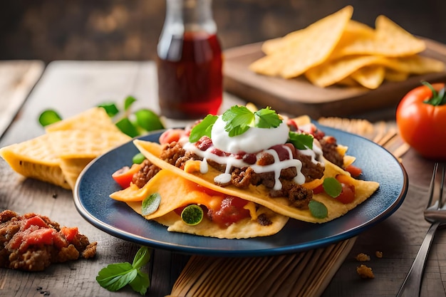 Nachos na talerzu z miską nachos na stole