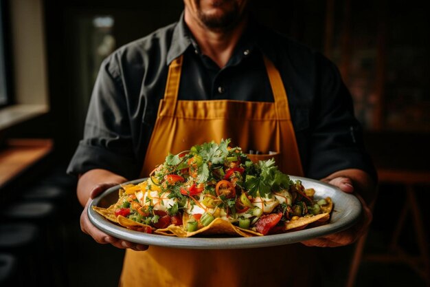 Nachos w ketchupie w rękach nad stołem z warzywami