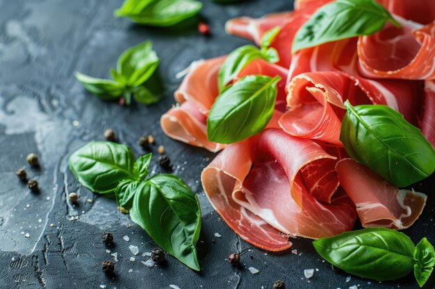 Nacięte prosciutto z liśćmi bazylii na rusztycznym Ai generative