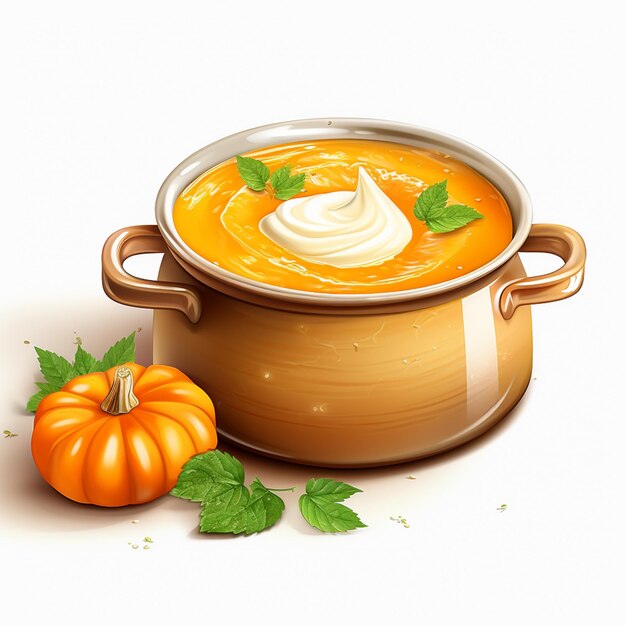 Naczynie z smaczną zupą z kremu z dyni na białym tle