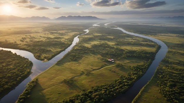 Zdjęcie nad bujnymi równinami, gdzie meandrują rzeki i zielone krajobrazy