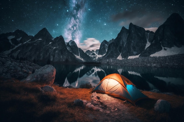 Nad jeziorem stoi namiot, aw tle widać Drogę Mleczną.