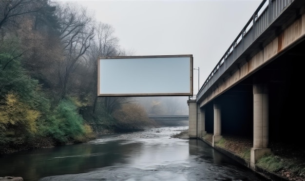 Nad rzeką wisi billboard z mostem w tle.