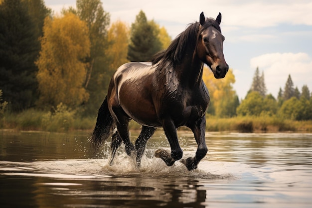 Nad spokojnym jeziorem pięknie wypielęgnowany ciemny koń spaceruje spokojnie