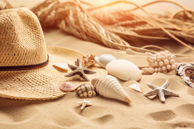 Zdjęcie nadbrzeżna ucieczka martwa natura z rozgwiazdami muszli i kapeluszem na piaszczystej plaży