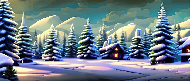 Nadchodzi zima Śnieżna noc z domami z lasów iglastych w śnieżnych girlandach spadających lasów śnieżnych