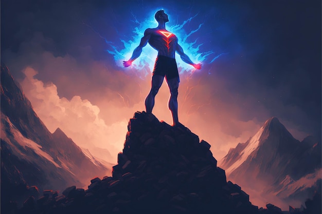 Nadczłowiek ze świecącymi ramionami stojącymi na skałach ilustracja w stylu sztuki cyfrowej obraz fantasy koncepcja nadczłowieka