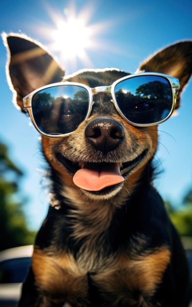Zdjęcie nadmiernie duże okulary przeciwsłoneczne dla zabawnego szczeniaka