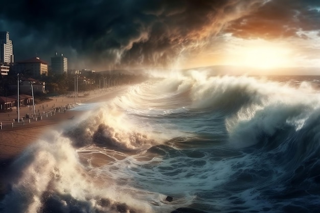 Nadmorskie miasteczko uderzone przez tsunami Apokaliptyczna i dramatyczna scena Generująca sztuczną inteligencję
