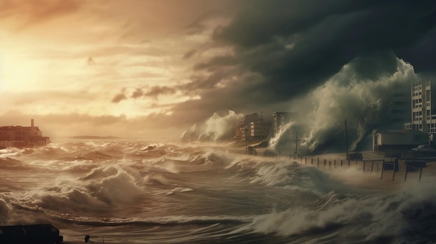Nadmorskie miasteczko zniszczone przez tsunami Scena apokaliptycznego dramatu Generative Ai