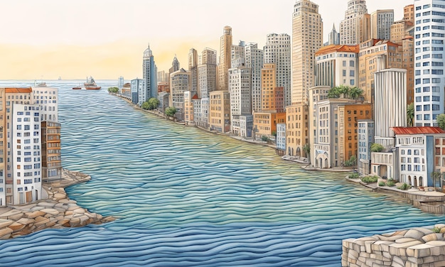 nadmorskie miasto z podnoszącym się poziomem wody, szkic wykonany kredką