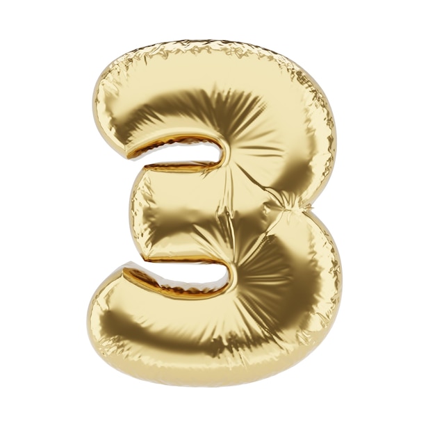 Nadmuchiwany balon ze złotej folii w kształcie cyfry 3 izolowany na białym tle Ilustracja renderowania 3D