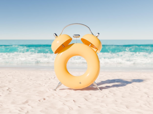 Zdjęcie nadmuchiwany pływacz w kształcie budzika na piaszczystej plaży