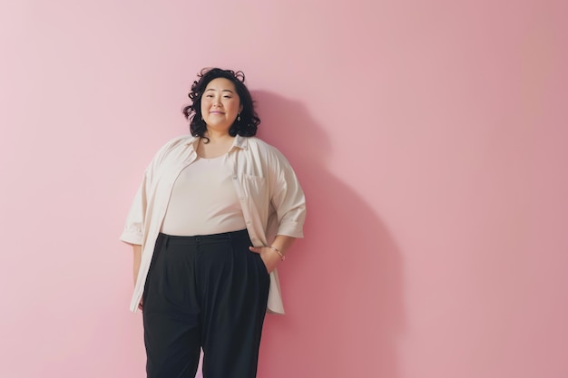 Zdjęcie nadwaga kobieta azjatycka na jasno różowym tle studia z przestrzenią do kopiowania