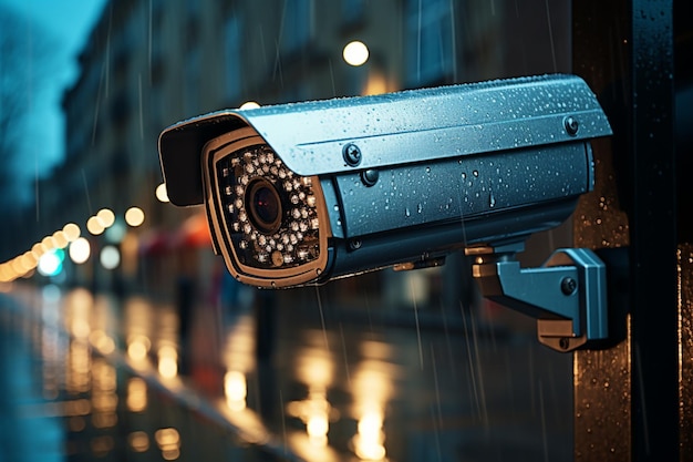 Nadzór nocny w akcji Kamera CCTV na ulicy i budynku