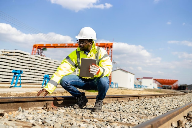 Nadzorca inspektora kolejowego przeprowadzający kontrolę jakości torów kolejowych na placu budowy