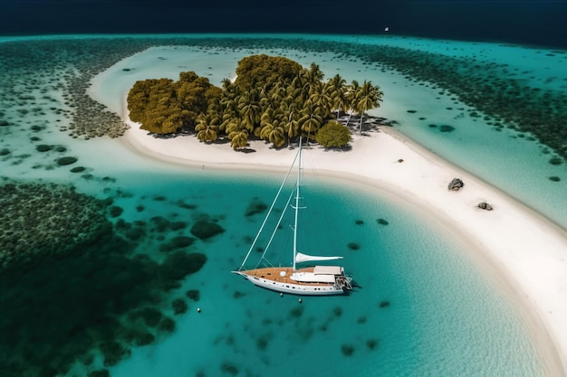 Nagranie z drona wykonane z lotu ptaka nad wyspami San Blas w Panamie pokazuje jacht żaglowy zakotwiczony w czystej wodzie w pobliżu dziewiczej plaży z białym piaskiem
