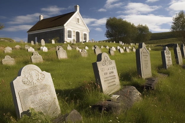 Nagrobki cmentarne na polu z kościołem w Norwegii Religijne skandynawskie pole cmentarne z kaplicą Generuj ai