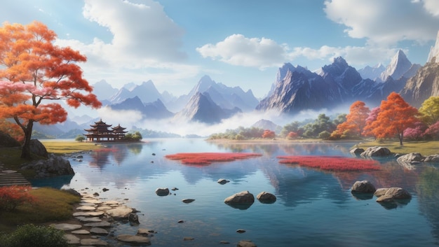 Nagrodzony matowy obraz Serene Mountain Lake Wu Wei
