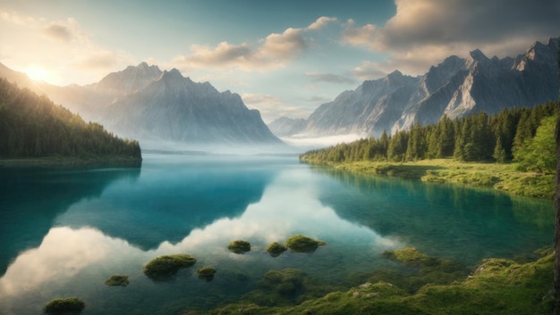 Nagrodzony matowy obraz Serene Mountain Lake Wu Wei