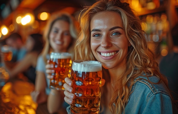 Najlepsi przyjaciele piją piwo i gadają w miejskim pubie.
