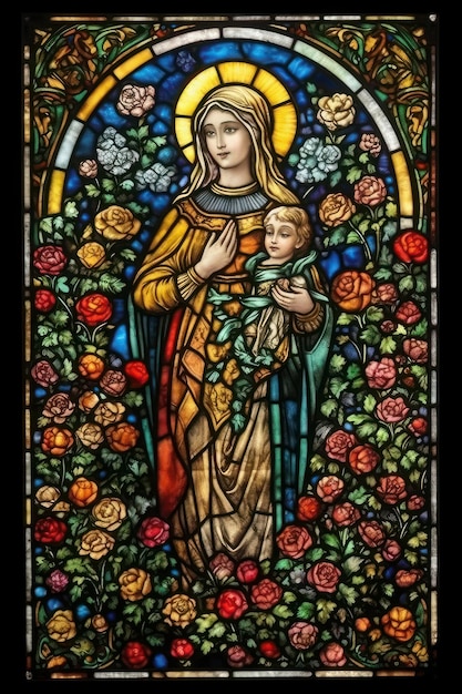 Najświętsza Maryja Panna z Dzieciątkiem Jezus w malowanym witrażu