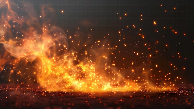 Nakładanie iskry ognia na ciemnym tle dymu i płomieni Izolowany przezroczysty nowoczesny grill ciepła z pomarańczowymi iskry w chmurze Abstrakcyjna ilustracja ognia piekielnego otoczonego