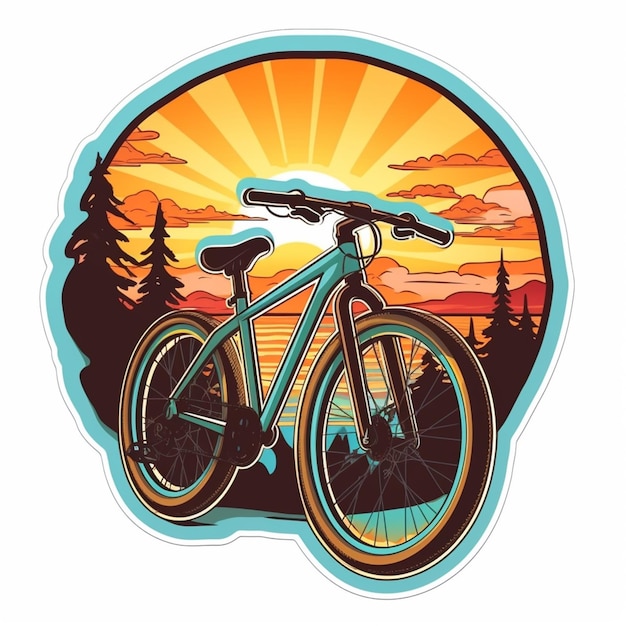 Naklejka przedstawiająca rower górski przed zachodem słońca