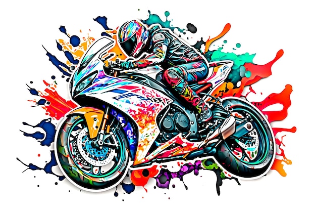 Naklejka przedstawiająca rowerzystę na motocyklu sportowym w stylu przypominającym akwarele na białym tle Grafika wygenerowana przez sieć neuronową
