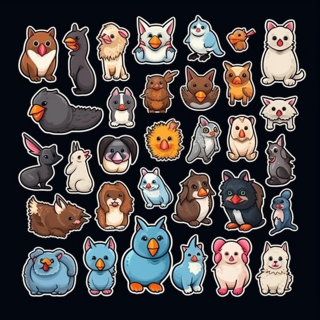 Naklejka przedstawiająca różne zwierzęta, w tym kota, kota, ptaka, ptaka, ptaka, ptaka i kota.