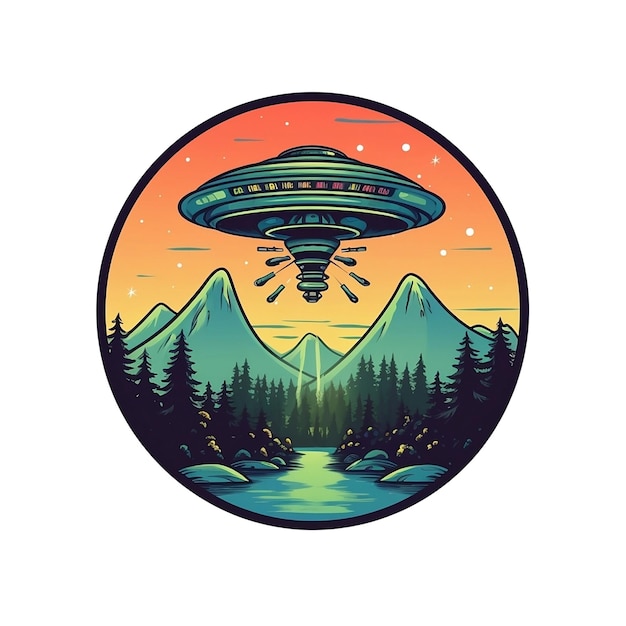 Naklejka w kształcie UFO o wschodzie słońca w górach