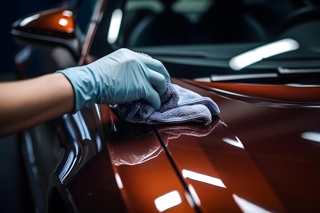 Naklejka z folią ochronną na reflektor samochodu w studiu car detailingu Wygenerowana sztuczna inteligencja sieci neuronowej