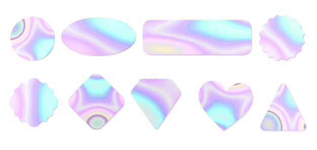 Zdjęcie naklejki holograficzne 3d z opalizującą teksturą gradientu realistyczny zestaw pustych prostokątnych okrągłych owalnych trójkątów serca i abstrakcyjnych etykiet samoprzylepnych na białym tle