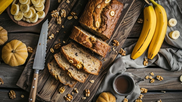 Nakrojony na kawałki chleb z orzechami bananowymi na rustykalnym stole z składnikami i nożem