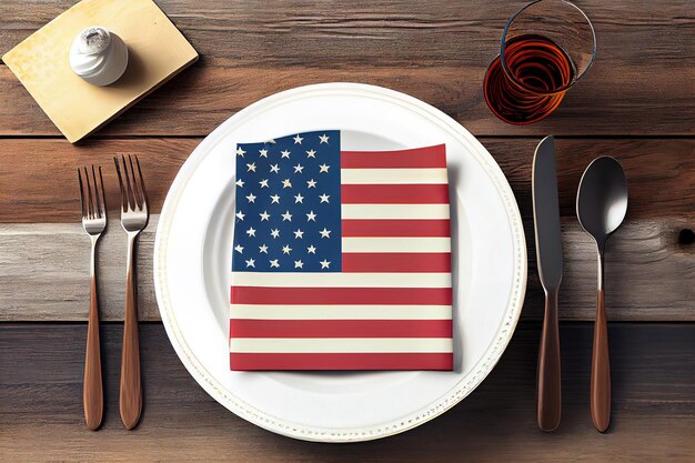 Nakrycie stołu party USA z flagą na białym drewnianym stole Generative Ai