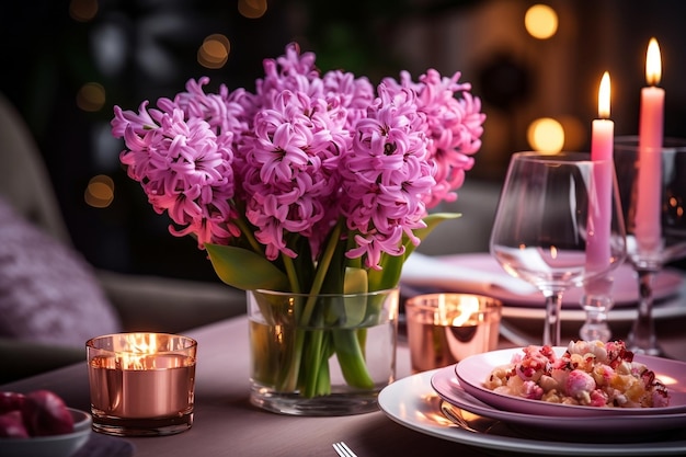 Nakrycie stołu Różowe hiacynty i wiosenne kwiaty Generacyjna sztuczna inteligencja