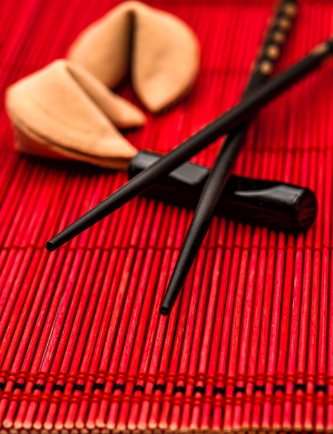 Nakrycie stołu w stylu azjatyckim z ciasteczkami z wróżbą i czarnymi pałeczkami na czerwonej macie bambusowej. Koncepcja chińskiego nowego roku. Selektywne skupienie