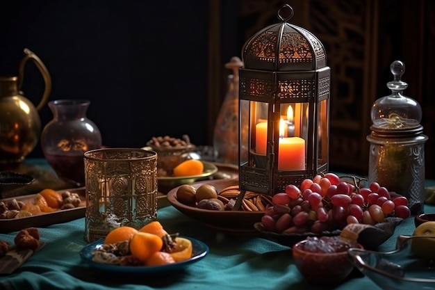 Nakrycie stołu z kolorowym jedzeniem halal Ramadan i płonącą świecą Generative AI