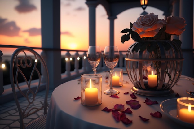 nakrycie stołu z różami i świecami na balkonie