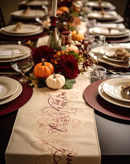 nakryty stół na kolację z okazji Święta Dziękczynienia z dyniami i podkładkami z tykwy na stole w kolorze czerwonym