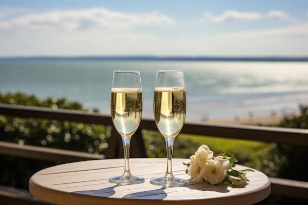 Nakryty stół na odkrytym tarasie Romantyczna kolacja z widokiem na krajobraz morski