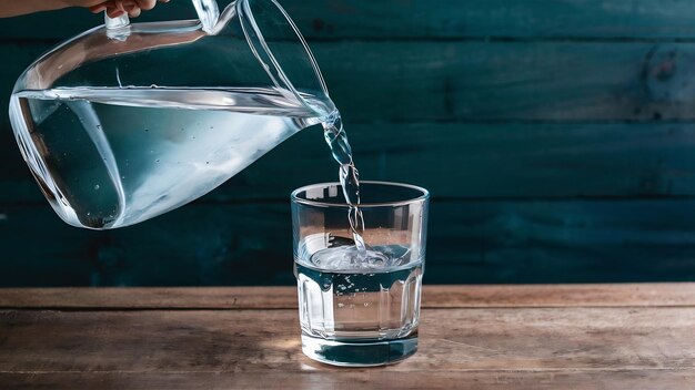 Nalanie oczyszczonej świeżej wody z dzbana w szklanie na drewniany stół