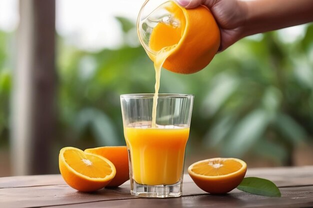 Nalanie soku pomarańczowego do szklanki na drewnianym stole w hodowli pomarańczy