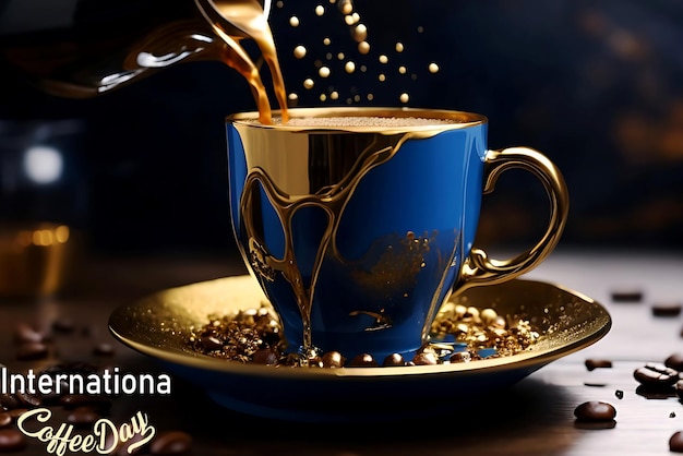 Nalej filiżankę kawy do niebieskiej filiżanki i złotego płynu wygenerowanego przez Leonardo Ai