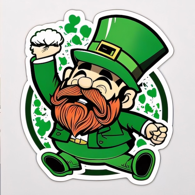 Nalepka mały zielony uśmiechnięty leprechaun z ręką na górze Zielony kolor symbol Dnia św. Patryka