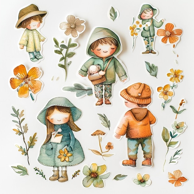 Nalepki o tematyce wiosennej chłopcy dziewczęta chłopcy i kwiaty