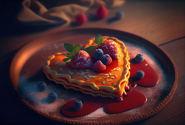 Naleśnik truskawkowy w kształcie serca na naczyniu w tle stołu Jadalnia Koncepcja żywności i deserów Cyfrowa ilustracja sztuki Generative AI