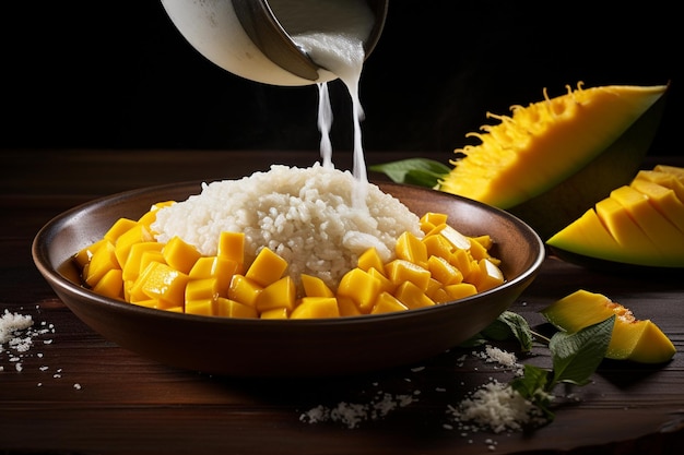 Zdjęcie nalewanie mleka kokosowego na lepki ryż z dojrzałym mango